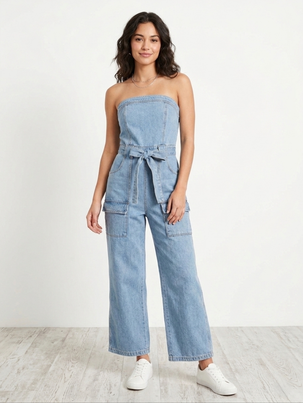 Sincerely Jules Strapless Denim Cargo Jumpsuit Light Wash Small - Picture 2 of 6
